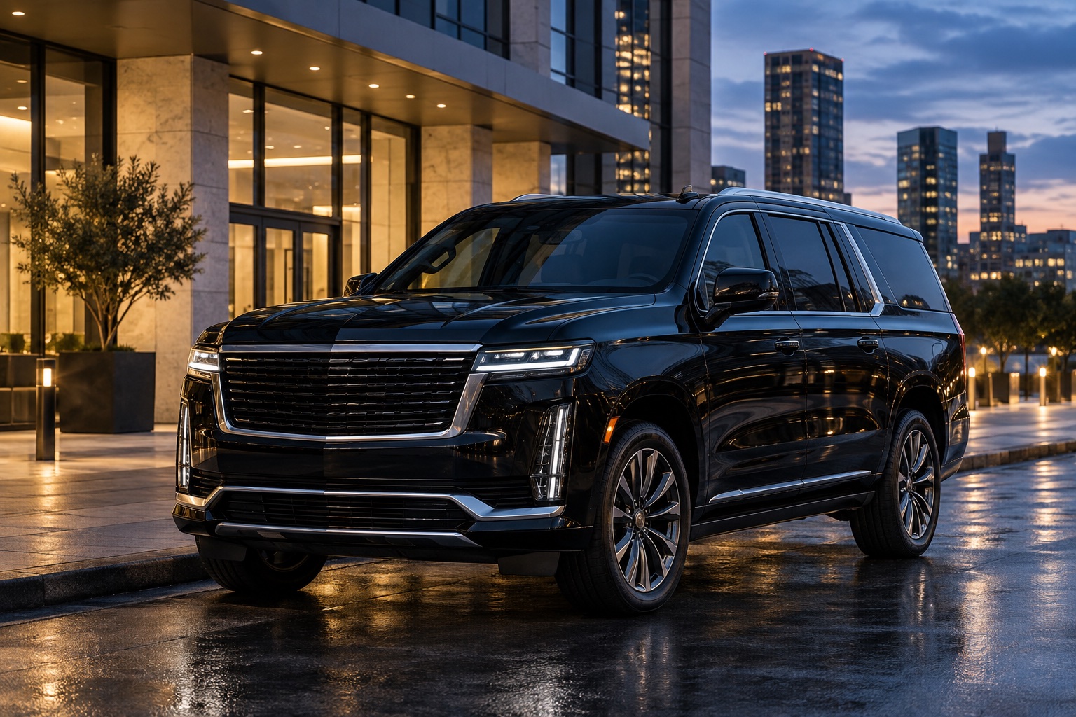Black executive SUV outside a business building