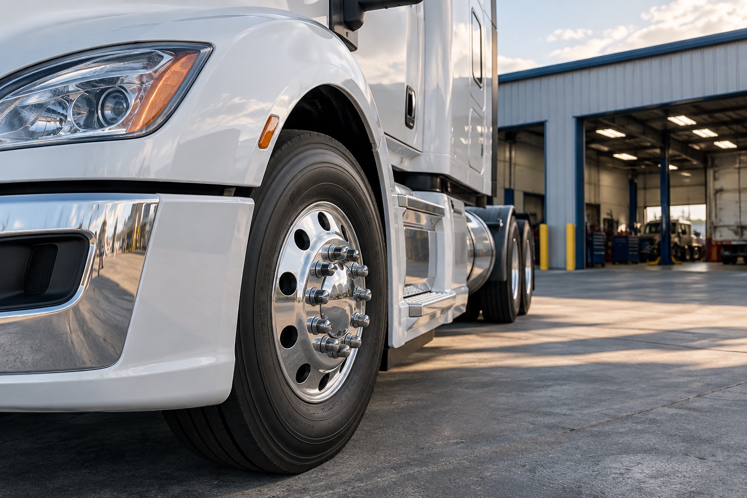 Repaired commercial vehicle in an inspection workshop