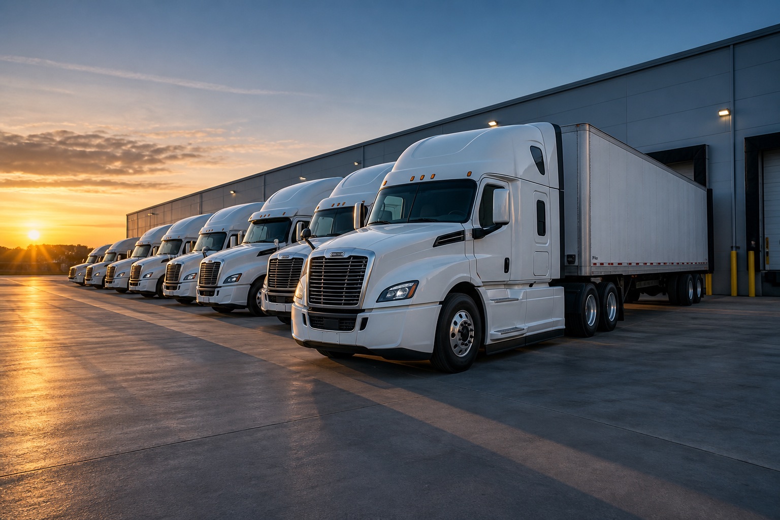 Commercial trucks lined up at a distribution depot