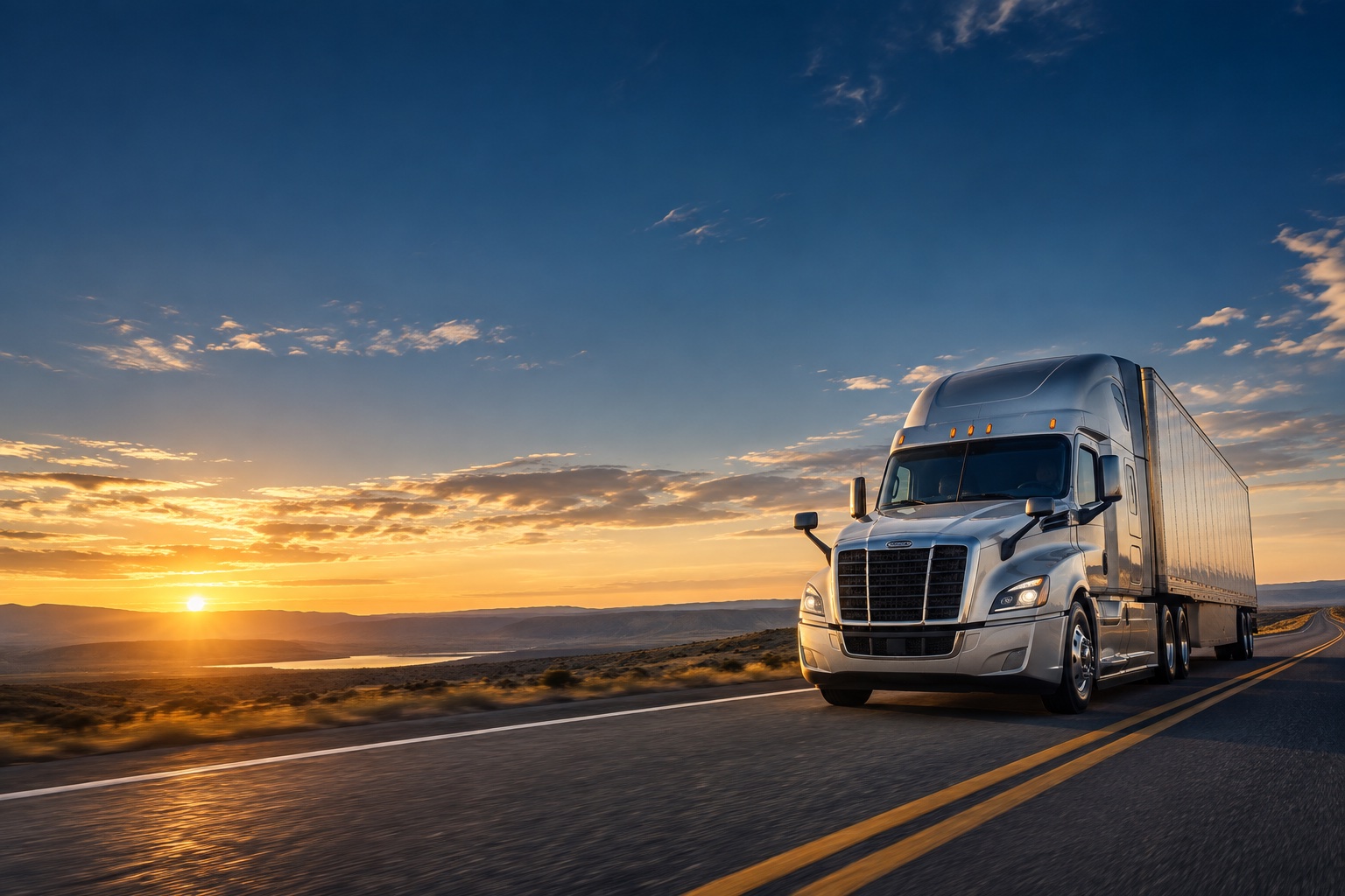 Silver commercial truck on an open highway at sunset